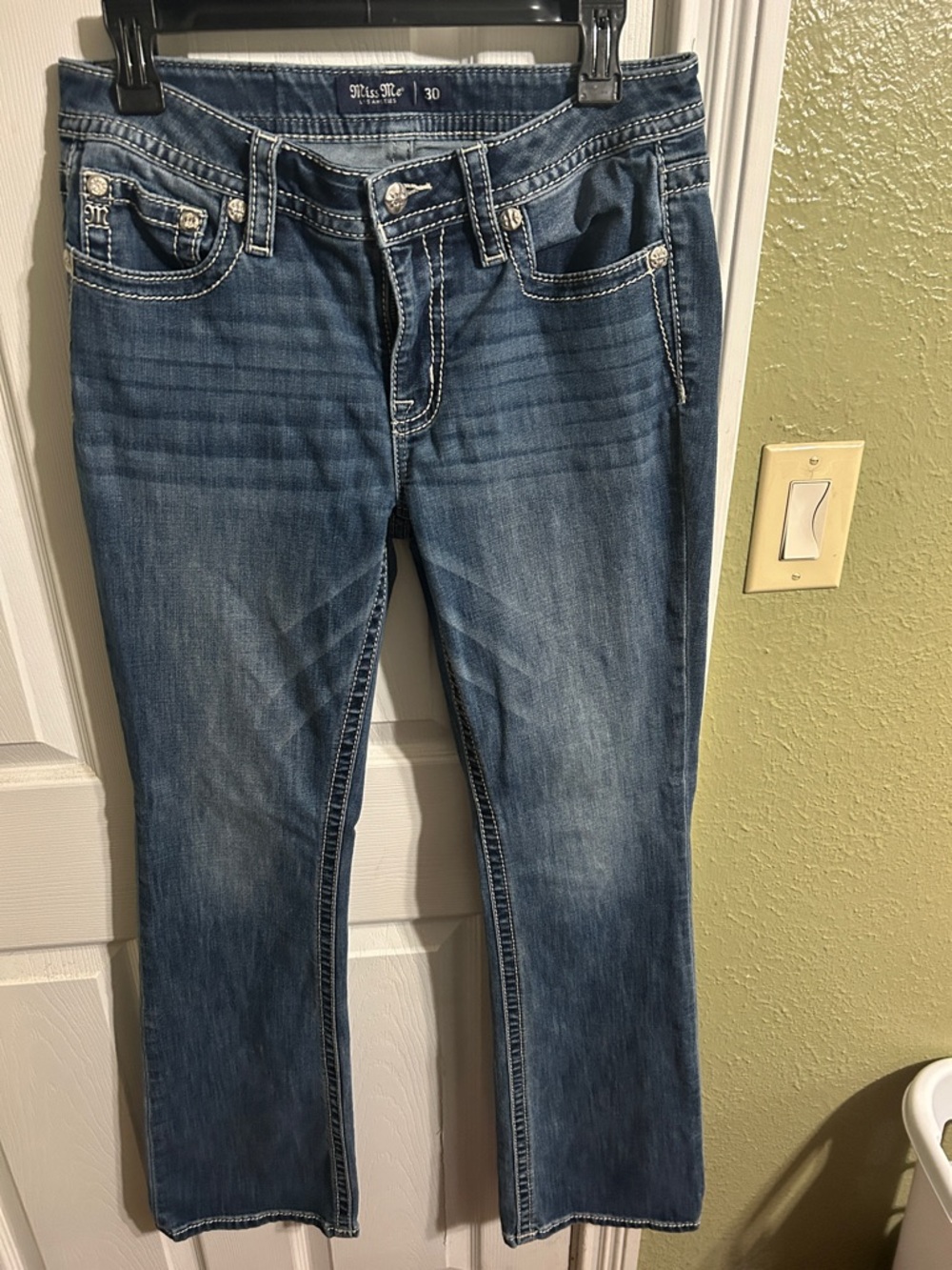 Miss Me Boot-Cut Blue Denim Jeans with Contrast Stitching